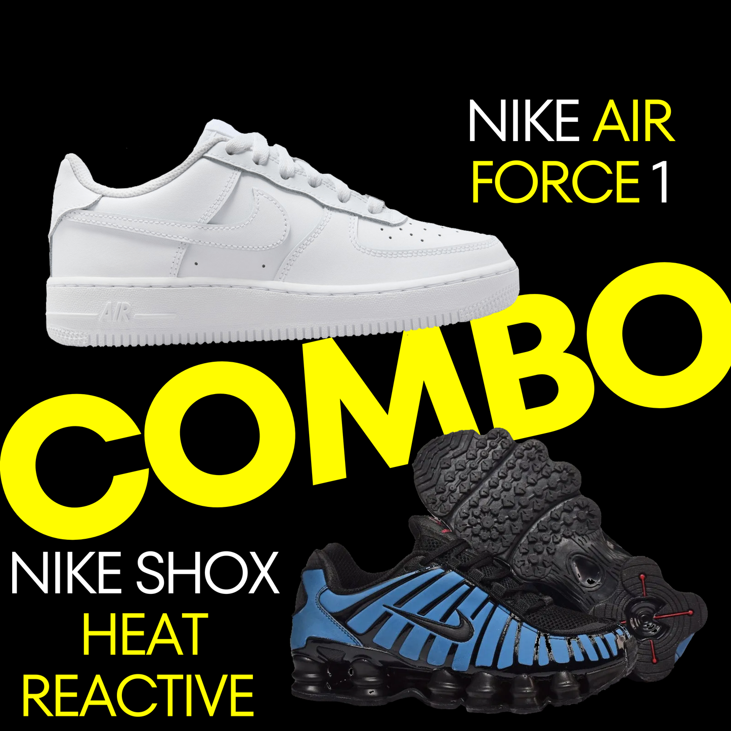 Nike Air Force 1 (white) & Nike Shox Thermoreactive (black to blue) Combo